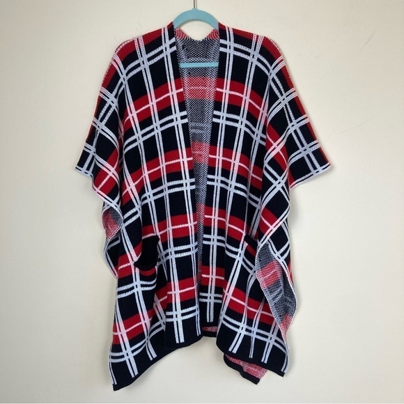 NY&Co Plaid Open Front Poncho Cardigan w Front Pockets Black/Red/White Size M - Picture 4 of 15